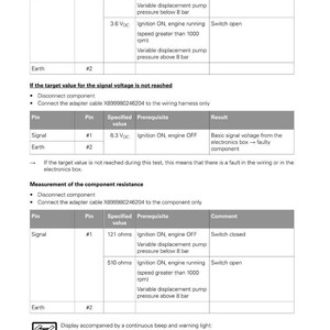 May include: A technical diagram from Fendt, detailing electrical system specifications. The document includes tables with pin numbers, specified values, prerequisites, and comments. It also features a warning symbol and text about steering pump failure.