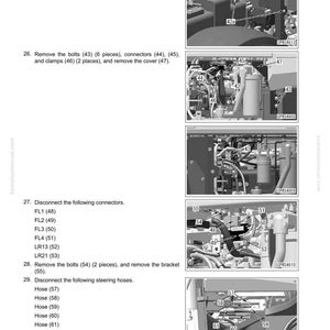 May include: Diagram from a manual showing the disassembly and assembly of an operator cab and floor frame. The image includes detailed instructions with numbered steps, diagrams, and part labels for mechanical components.