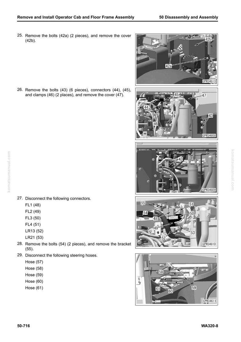 May include: Diagram from a manual showing the disassembly and assembly of an operator cab and floor frame. The image includes detailed instructions with numbered steps, diagrams, and part labels for mechanical components.