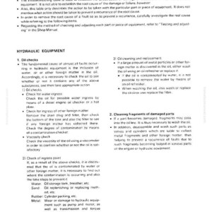 May include: A page from a manual titled "Preventing Recurrence of Trouble." The text details hydraulic equipment maintenance, including oil checks, cleaning, and replacement procedures. The page includes diagrams and technical information.