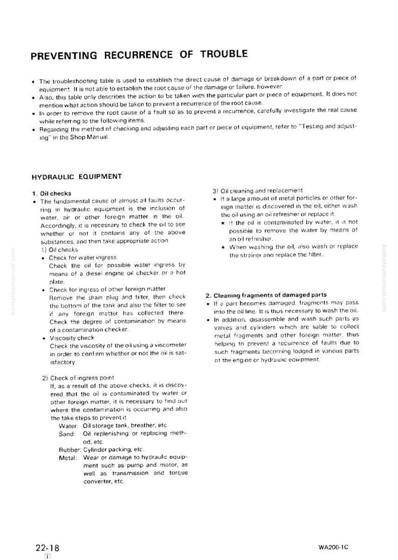 May include: A page from a manual titled "Preventing Recurrence of Trouble." The text details hydraulic equipment maintenance, including oil checks, cleaning, and replacement procedures. The page includes diagrams and technical information.