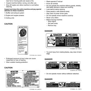 Puede incluir: Una p&aacute;gina de etiquetas de seguridad con texto y s&iacute;mbolos de advertencia. Las etiquetas proporcionan instrucciones y advertencias sobre el funcionamiento de maquinaria, incluyendo evitar incendios, lesiones por cuchillas y protecci&oacute;n auditiva. El texto incluye advertencias de "PRECAUCI&Oacute;N" y "PELIGRO".