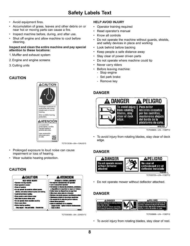 Puede incluir: Una p&aacute;gina de etiquetas de seguridad con texto y s&iacute;mbolos de advertencia. Las etiquetas proporcionan instrucciones y advertencias sobre el funcionamiento de maquinaria, incluyendo evitar incendios, lesiones por cuchillas y protecci&oacute;n auditiva. El texto incluye advertencias de "PRECAUCI&Oacute;N" y "PELIGRO".