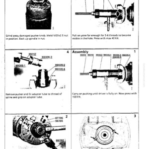 May include: Technical diagram titled "Disassembly and Assembly" with multiple illustrations. The diagram includes part numbers and instructions for mechanical procedures, such as grinding, welding, and tightening components. Measurements are provided in kN and Nm.