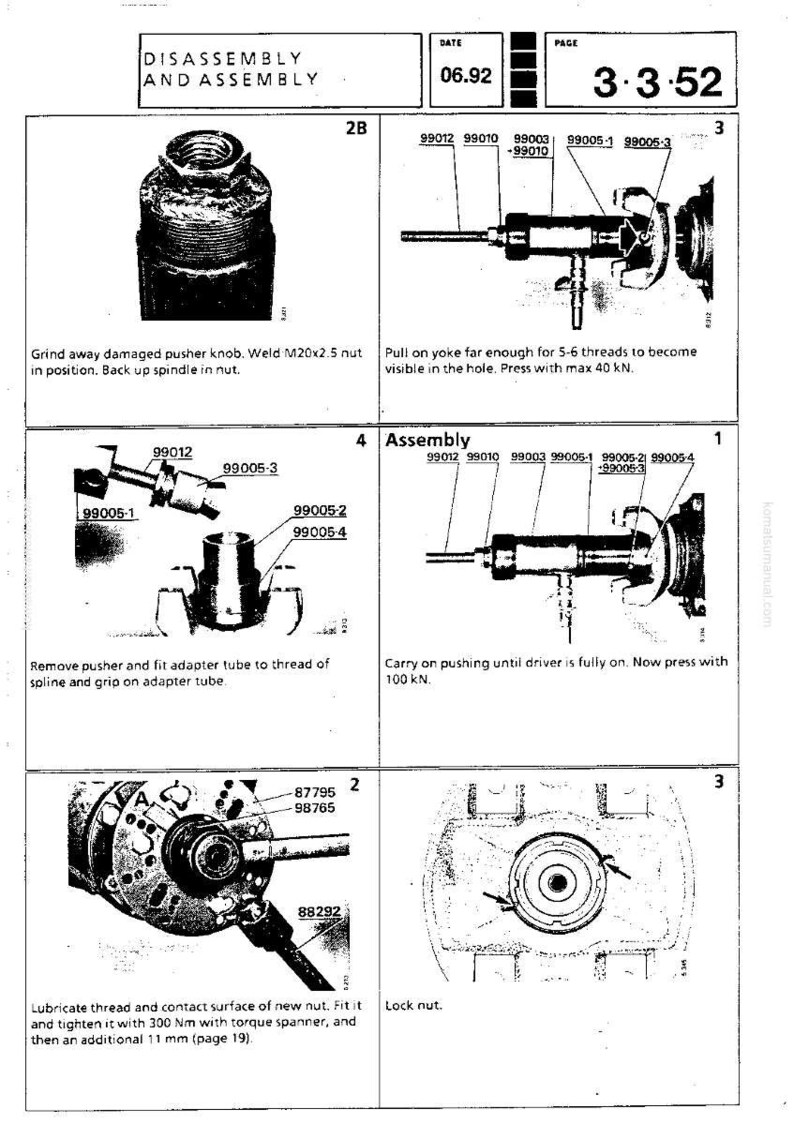 May include: Technical diagram titled "Disassembly and Assembly" with multiple illustrations. The diagram includes part numbers and instructions for mechanical procedures, such as grinding, welding, and tightening components. Measurements are provided in kN and Nm.