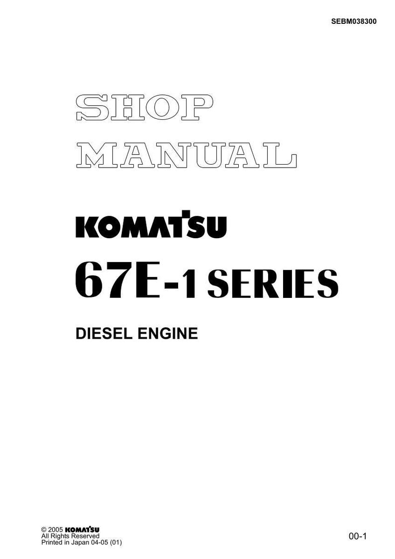 Pu&ograve; includere: Una pagina bianca con il testo "SHOP MANUAL" in un font vuoto. Sotto, il testo nero recita "KOMATSU 67E-1 SERIES DIESEL ENGINE". Il documento &egrave; etichettato "SEBM038300" e include informazioni sul copyright.