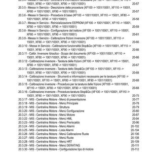 K&ouml;nnte beinhalten: Ein detailliertes Inhaltsverzeichnis aus einem Handbuch mit einer Liste von Themen und Seitenzahlen. Der Text enth&auml;lt Begriffe wie "Calibrazione" und "Motore", was auf einen technischen oder automotiven Kontext hindeutet. Das Dokument ist auf Italienisch.