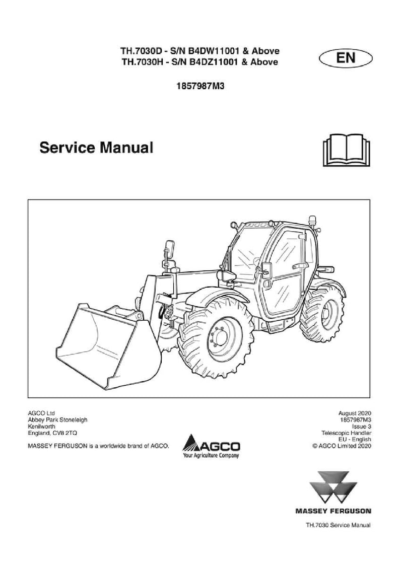 May include: Line drawing of a Massey Ferguson TH.7030 telescopic handler. The image is a service manual, with the text "Service Manual" at the top. The AGCO logo and Massey Ferguson branding are also visible.