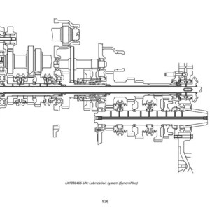 May include: A detailed black and white diagram of a mechanical system, possibly an engine component. Arrows labelled A and B point to key areas. Text includes "LX1030466" and "LX1030466-UN: Lubrication system (SyncroPlus)".
