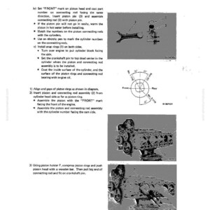 Op de afbeelding: Een pagina uit een handleiding met instructies voor het monteren en demonteren van een motor. Het bevat diagrammen, illustraties van motoronderdelen en genummerde stappen. Tekst omvat "OVERALL ASSEMBLY" en "DISASSEMBLY AND ASSEMBLY".