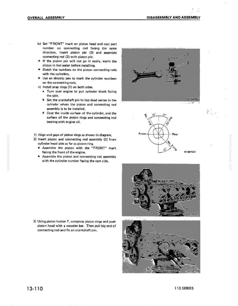 Op de afbeelding: Een pagina uit een handleiding met instructies voor het monteren en demonteren van een motor. Het bevat diagrammen, illustraties van motoronderdelen en genummerde stappen. Tekst omvat "OVERALL ASSEMBLY" en "DISASSEMBLY AND ASSEMBLY".
