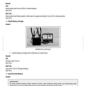 Peut inclure: Image d'un manuel montrant un testeur de charge de batterie et des instructions. Le testeur est connect&eacute; &agrave; une batterie. Le texte comprend des instructions pour v&eacute;rifier la tension et les niveaux d'&eacute;lectrolyte, avec des mesures en mm.