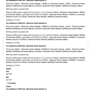 May include: A page from a manual with technical instructions. The text details procedures for troubleshooting electronic power modules, including connector disconnections and voltage checks. The page includes the text "greenfarmmanuals.com".