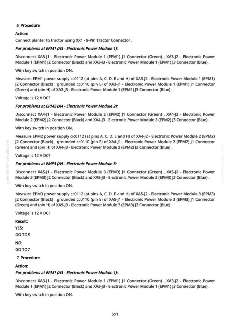 May include: A page from a manual with technical instructions. The text details procedures for troubleshooting electronic power modules, including connector disconnections and voltage checks. The page includes the text "greenfarmmanuals.com".