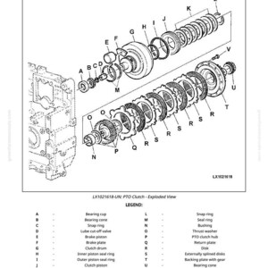 Op de afbeelding: Exploded view diagram van een PTO-koppeling, met labels en een legenda. De afbeelding toont componenten zoals lagerbekers, borgringen en koppelingsdrums. De tekst "PTO Clutch - Exploded View" staat bovenaan.