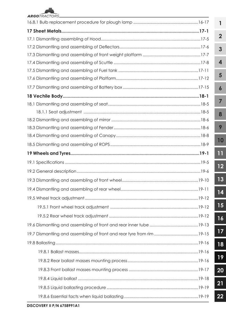 May include: A white and black tractor parts manual with a table of contents. The manual includes sections on sheet metals, vehicle body, wheels, and tires. The manual also includes diagrams and instructions.