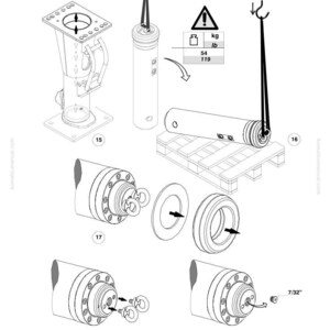 Op de afbeelding: Lijntekening van Komatsu machineonderdelen, waaronder een cilindrisch onderdeel met een hijsband, een hydraulische cilinder en diverse andere mechanische componenten. De afbeelding bevat een gewichtswaarschuwingslabel met 54 kg / 119 lb.