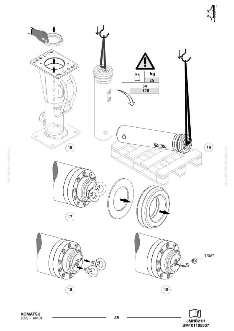 Op de afbeelding: Lijntekening van Komatsu machineonderdelen, waaronder een cilindrisch onderdeel met een hijsband, een hydraulische cilinder en diverse andere mechanische componenten. De afbeelding bevat een gewichtswaarschuwingslabel met 54 kg / 119 lb.