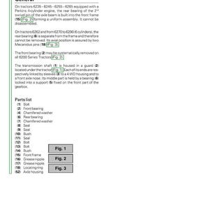 Puede incluir: Un diagrama t&eacute;cnico de AGCO para tractores de la serie 6200, que detalla el eje delantero, los cojinetes y el eje de transmisi&oacute;n. El documento incluye una lista de piezas con componentes y figuras numeradas, como pernos, cojinetes y sellos. El texto incluye el t&iacute;tulo "Front Axle - Bearings and transmission shaft".