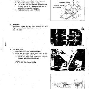 May include: Technical diagram with instructions for vehicle maintenance. Includes diagrams of hydraulic tanks, brake chambers, and air piping. Text details disconnecting hoses, rods, and frames. The cab floor frame weighs 560 kg.