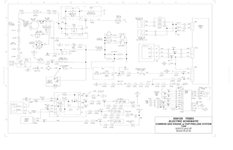 May include: A detailed electrical schematic diagram for a Cummins QSK engine with HVP Prelube System, model 730E. The diagram is labeled XSO129 FEB03 and includes various electrical components and wiring. Sheet 29 of 30.