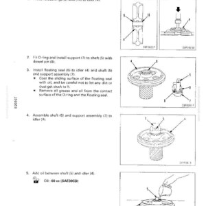 May include: Diagram illustrating the assembly of an idler assembly. The image shows step-by-step instructions with numbered components and labels. Includes illustrations of parts like bushings, O-rings, seals, and shafts. Text includes instructions and oil specifications.
