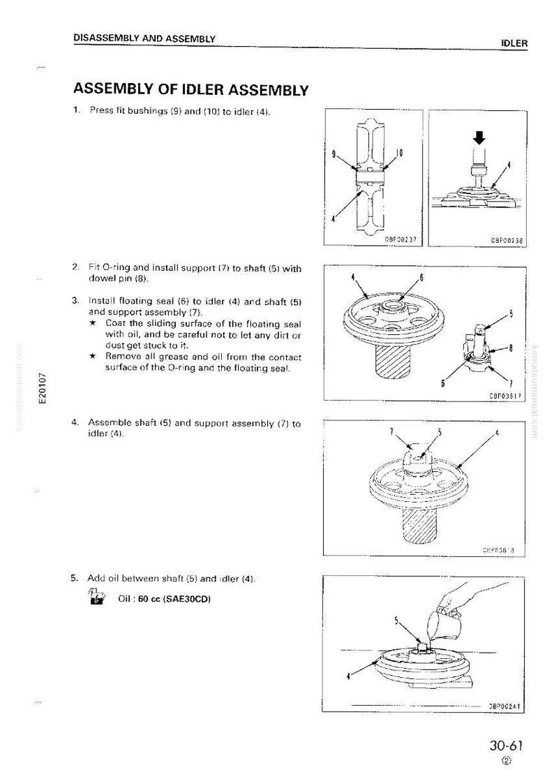 May include: Diagram illustrating the assembly of an idler assembly. The image shows step-by-step instructions with numbered components and labels. Includes illustrations of parts like bushings, O-rings, seals, and shafts. Text includes instructions and oil specifications.