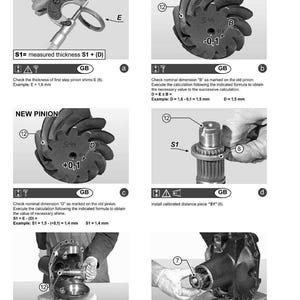 Puede incluir: Diagrama que ilustra la instalaci&oacute;n y el ajuste del pi&ntilde;&oacute;n c&oacute;nico. La imagen incluye primeros planos de los componentes del pi&ntilde;&oacute;n, instrucciones de medici&oacute;n y f&oacute;rmulas. El texto incluye "HOW TO INSTALL AND ADJUST THE BEVEL PINION".