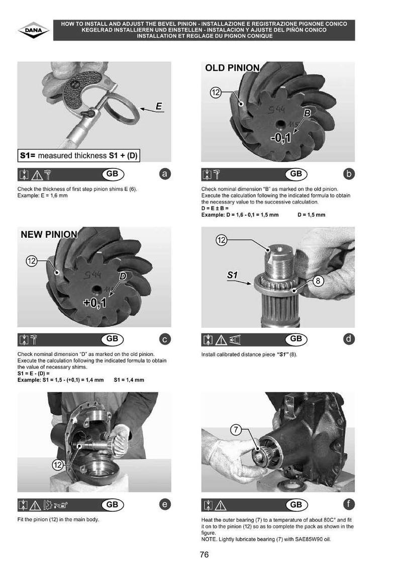 Puede incluir: Diagrama que ilustra la instalaci&oacute;n y el ajuste del pi&ntilde;&oacute;n c&oacute;nico. La imagen incluye primeros planos de los componentes del pi&ntilde;&oacute;n, instrucciones de medici&oacute;n y f&oacute;rmulas. El texto incluye "HOW TO INSTALL AND ADJUST THE BEVEL PINION".