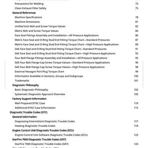 May include: A page from a manual with a table of contents. The text includes topics like "Live With Safety", "Machine Specifications", "Diagnostic Trouble Codes (DTC)", and "JDLink Diagnostic Trouble Codes (JDL)".