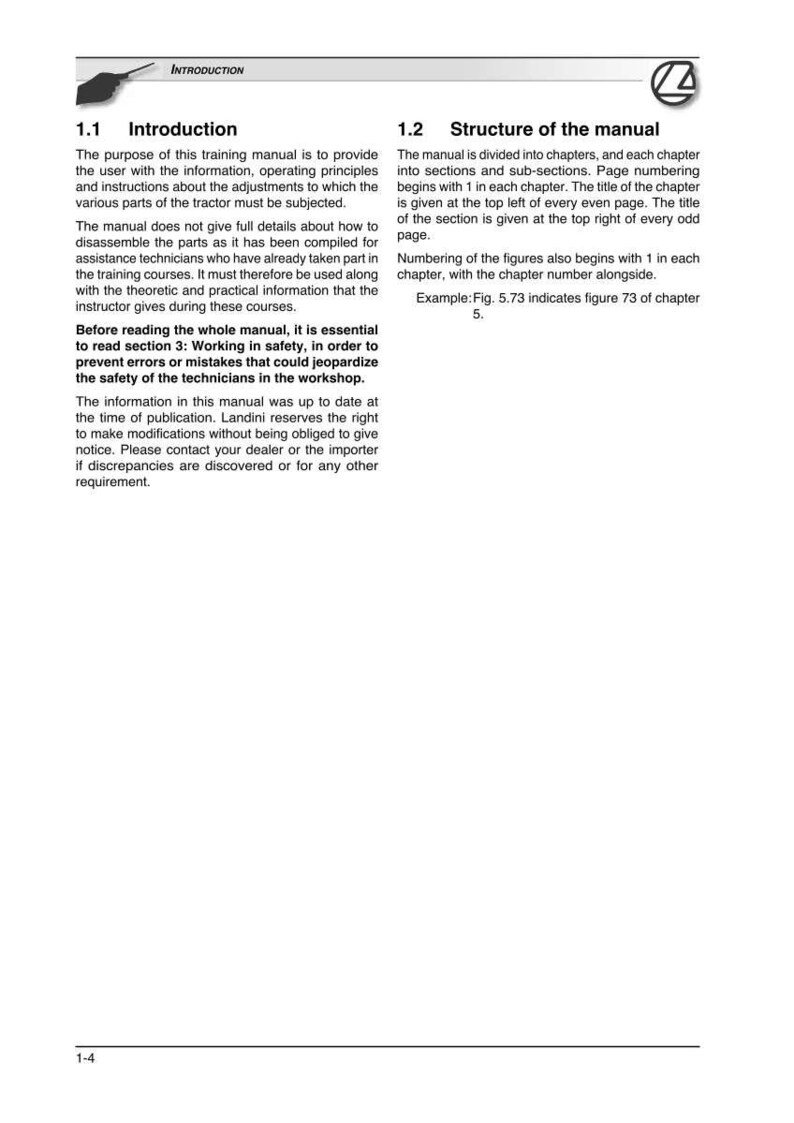 May include: A page from a training manual, featuring the headings "Introduction" and "Structure of the manual." The text explains the manual's purpose, structure, and safety guidelines. The page includes a Landini logo and the page number 1-4.