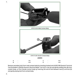 Op de afbeelding: Diagram van een reparatieprocedure voor het verwijderen van een contact uit een connectorbehuizing. De afbeelding toont close-ups van mannelijke en vrouwelijke contactlichamen, met labels voor sleuven, vergrendelingen en afdichtingen. Tekst geeft instructies.