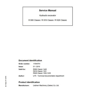 Pode incluir: Um documento branco intitulado "Manual de Servi&ccedil;o" para uma escavadeira hidr&aacute;ulica, com os modelos R 906 Classic, R 916 Classic e R 926 Classic. Inclui detalhes de identifica&ccedil;&atilde;o do documento e do produto, e o logotipo da Liebherr.