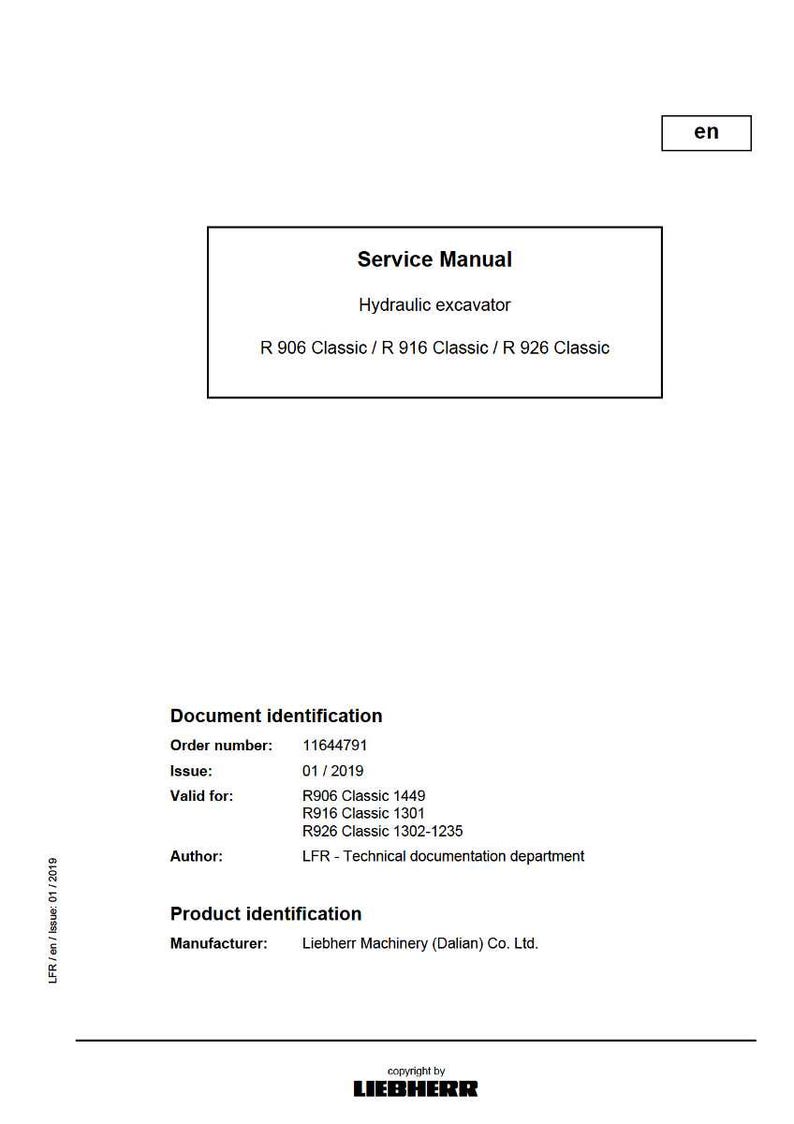 Pode incluir: Um documento branco intitulado "Manual de Servi&ccedil;o" para uma escavadeira hidr&aacute;ulica, com os modelos R 906 Classic, R 916 Classic e R 926 Classic. Inclui detalhes de identifica&ccedil;&atilde;o do documento e do produto, e o logotipo da Liebherr.