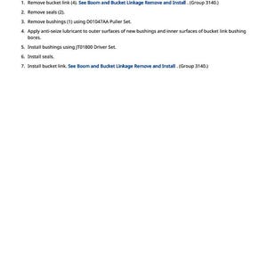 May include: A white page with a legend and numbered instructions for removing and installing a bucket link. The legend lists bushings, seals, and lubrication fittings. The instructions detail the steps for the process.