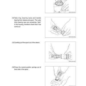 May include: Line drawings from a manual showing steps for disassembling a mechanical component. The illustrations depict hands manipulating parts, with text describing each step. The steps include removing a sleeve, taking out rings and bearings, and pressing springs.