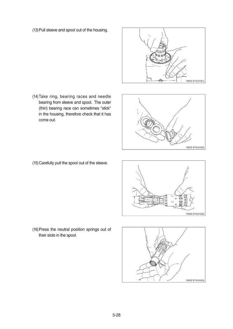 May include: Line drawings from a manual showing steps for disassembling a mechanical component. The illustrations depict hands manipulating parts, with text describing each step. The steps include removing a sleeve, taking out rings and bearings, and pressing springs.