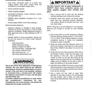 Puede incluir: Una p&aacute;gina de un manual de componentes de cabina de cami&oacute;n, que detalla el reemplazo de vidrio. Incluye una lista de herramientas, consejos de seguridad e instrucciones para el proceso. El texto es negro sobre fondo blanco, con medidas en mm.