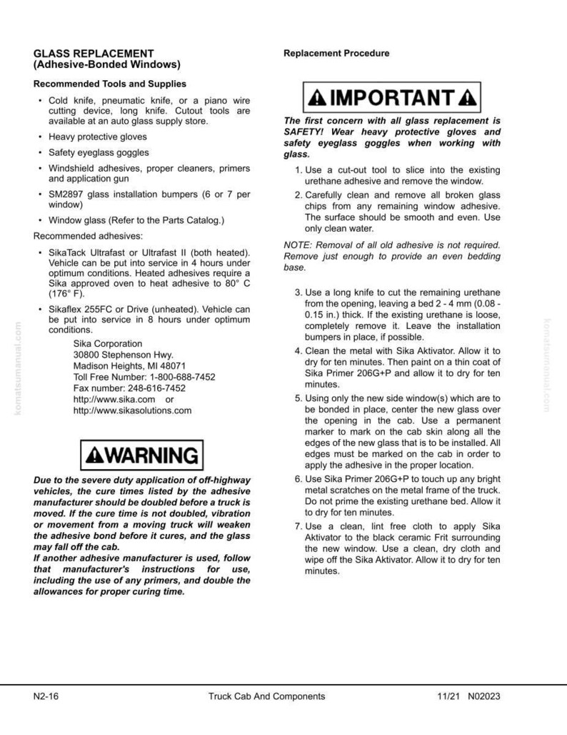 Puede incluir: Una p&aacute;gina de un manual de componentes de cabina de cami&oacute;n, que detalla el reemplazo de vidrio. Incluye una lista de herramientas, consejos de seguridad e instrucciones para el proceso. El texto es negro sobre fondo blanco, con medidas en mm.