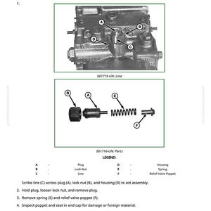 May include: Diagram illustrating the removal and installation of a hydrostatic drive pump charge pressure relief valve. The image includes a detailed view of the valve components, labeled with letters and a legend for identification.