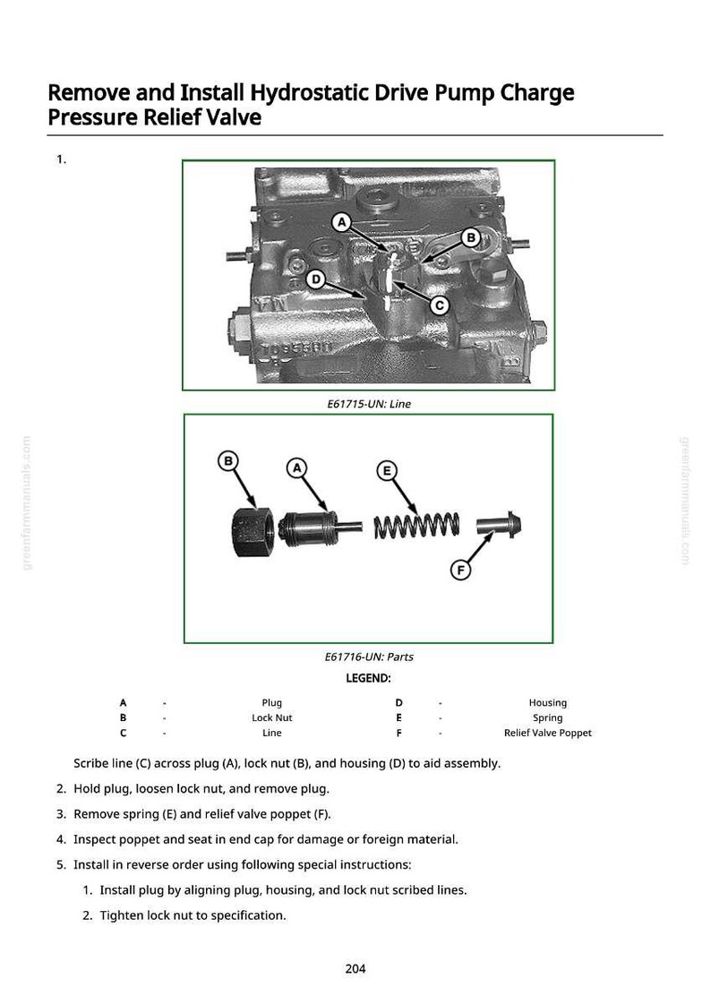 May include: Diagram illustrating the removal and installation of a hydrostatic drive pump charge pressure relief valve. The image includes a detailed view of the valve components, labeled with letters and a legend for identification.