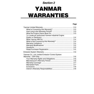 Pode incluir: Uma p&aacute;gina do manual de servi&ccedil;o Yanmar TNV DI, intitulada "Sec&ccedil;&atilde;o 2: GARANTIAS YANMAR". O documento lista detalhes da garantia, incluindo cobertura, limita&ccedil;&otilde;es e responsabilidades do propriet&aacute;rio. O logotipo da Yanmar est&aacute; na parte inferior.
