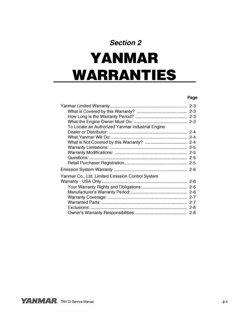 Pode incluir: Uma p&aacute;gina do manual de servi&ccedil;o Yanmar TNV DI, intitulada "Sec&ccedil;&atilde;o 2: GARANTIAS YANMAR". O documento lista detalhes da garantia, incluindo cobertura, limita&ccedil;&otilde;es e responsabilidades do propriet&aacute;rio. O logotipo da Yanmar est&aacute; na parte inferior.