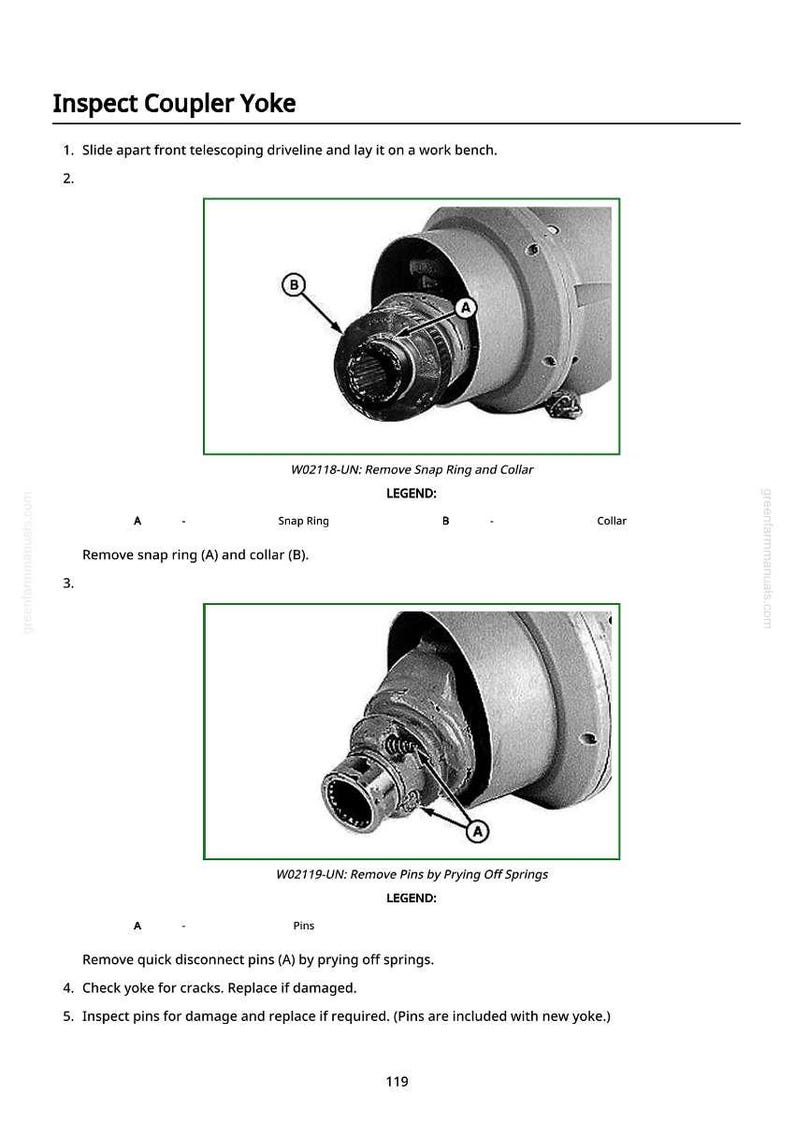 May include: An instructional page with diagrams for inspecting a coupler yoke. The page includes images of mechanical components with labels and arrows, and text instructions for disassembly and inspection.