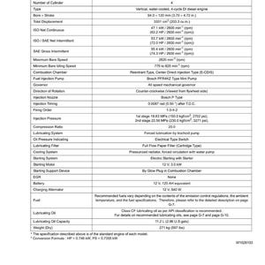May include: A detailed specifications sheet for a V3307-DI-T-E2B diesel engine. The document includes technical data such as bore x stroke (94.0 x 120 mm), total displacement (3331 cm&sup3;), and various performance metrics. The weight is 597 lbs.