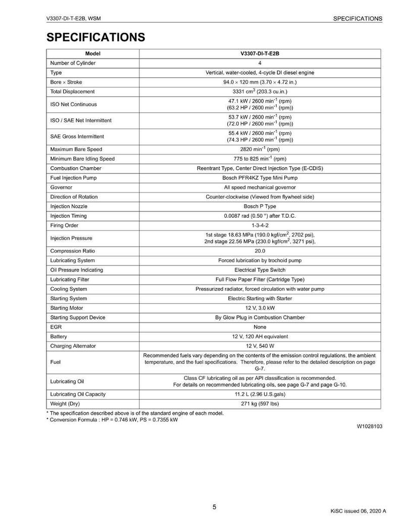 May include: A detailed specifications sheet for a V3307-DI-T-E2B diesel engine. The document includes technical data such as bore x stroke (94.0 x 120 mm), total displacement (3331 cm&sup3;), and various performance metrics. The weight is 597 lbs.