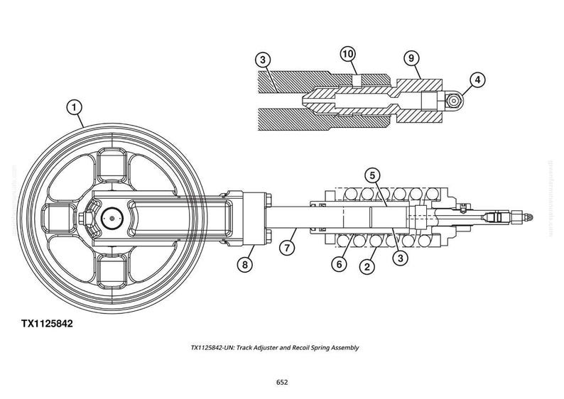 May include: Detailed black and white technical drawing of a track adjuster and recoil spring assembly. The image includes numbered components and cross-sectional views, with the text "TX1125842".