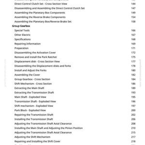 May include: A page from a manual with a list of automotive repair procedures, including "Disassembling the Reverse Brake Box Components" and "Extracting the Main Shaft." The text is black on a white background.