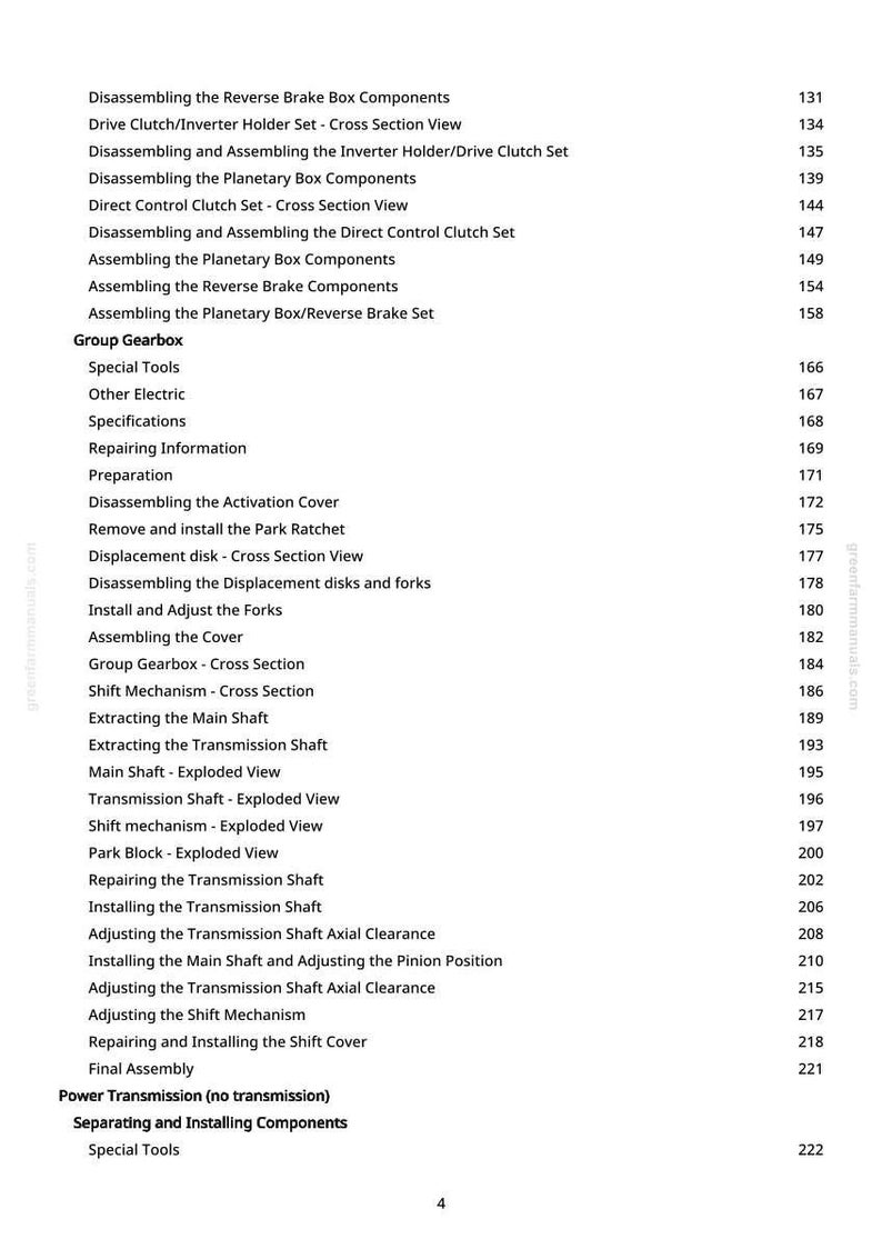 May include: A page from a manual with a list of automotive repair procedures, including "Disassembling the Reverse Brake Box Components" and "Extracting the Main Shaft." The text is black on a white background.