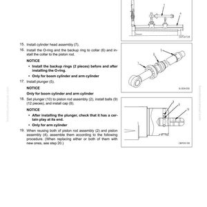May include: Diagram of a cylinder assembly with labeled parts and instructions for disassembly and assembly. Includes illustrations of piston rod assembly, cylinder head assembly, and plunger installation. Text includes notices and step-by-step procedures.